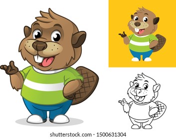 Beaver with Presenting Hand Gesture Cartoon Character Mascot Illustration, Including Flat and Line Art Designs, Vector Illustration, in Isolated White Background.