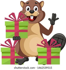 Beaver with presents, illustration, vector on white background.