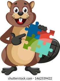 Beaver with puzzle, illustration, vector on white background.