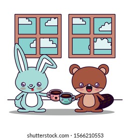 Beaver and rabbit cartoon design, Kawaii expression cute character funny and emoticon theme Vector illustration