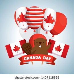 beaver with ribbon and flags with balloons to holiday celebration