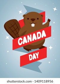 beaver with ribbon to happy canada celebration