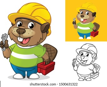Beaver with Safety Gear Holding Repair Equipment Cartoon Character Mascot Illustration, Including Flat and Line Art Designs, Vector Illustration, in Isolated White Background.