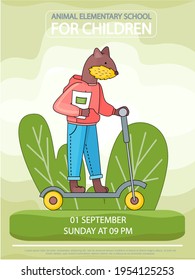 Beaver schoolboy with notebook is riding scooter. Animal elementary school for children concept