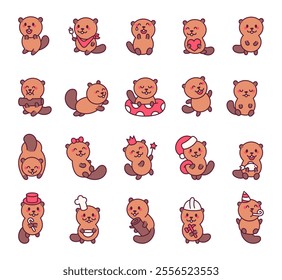 Beaver set with cute friendly emotions and funny poses including charming creative design elements in a cartoon kawaii style for delightful amazing outline illustrations