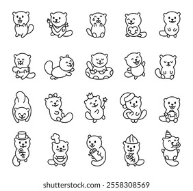 Beaver set with cute friendly emotions and funny poses including charming creative design elements in a cartoon kawaii style for delightful amazing outline illustrations