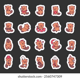 Beaver set with cute friendly emotions and funny poses including charming creative design elements in a cartoon kawaii style for delightful amazing outline illustrations