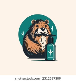 Beaver shape mascot logo for hair care products company. modern flat color