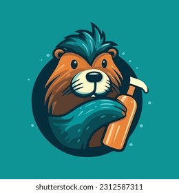 Beaver shape mascot logo for hair care products company. modern flat color