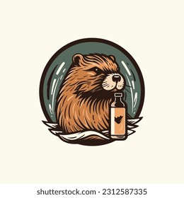 Beaver shape mascot logo for hair care products company. modern flat color