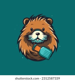 Beaver shape mascot logo for hair care products company. modern flat color