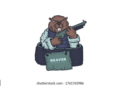 castor con un emblema de escopeta. Logotipo. Ilustración del vector 