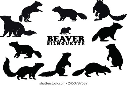 Beaver silhouette collection. Set of black Beaver silhouette. Beaver silhouette set.