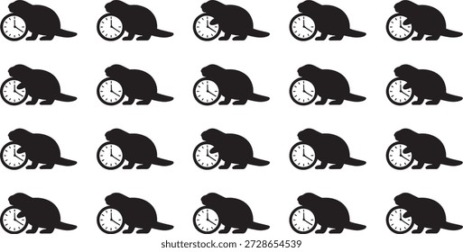 Silhuetas de castor são retratadas rolando relógios em várias posições mostrando uma representação visual criativa de gerenciamento de tempo e produtividade em uma ilustração simples.