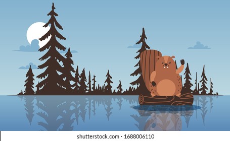 Beaver sit on stump, waving paw, lake, forest pine background, flat vector illustration. Natural landscape, wildlife animal, smiling bobr, living nature. Website design template, banner.