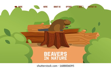 Beaver sit stump, wild animal sitting on fallen tree, shrub, forest, bush, flat vector illustration. Contact us, about us, home, options, info button. Website design template, landing.