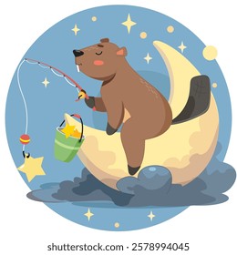 beaver sitting on the moon, starry night, moonlight, beaver fishing, catching a star, on a hook, falling star, wish, dream, beaver in a fairy tale, beaver sticker, logo kids