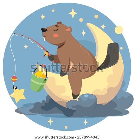 beaver sitting on the moon, starry night, moonlight, beaver fishing, catching a star, on a hook, falling star, wish, dream, beaver in a fairy tale, beaver sticker, logo kids