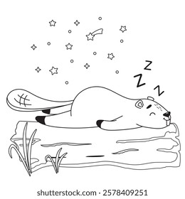 beaver sleeping on a log, forest, night, good night, sweet dreams, stars, starry night, beaver coloring, coloring for kids, baby