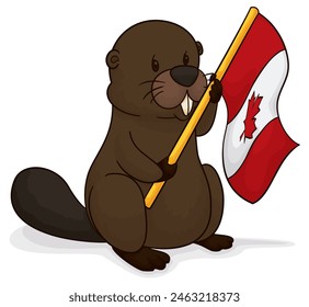 Beaver standing and holding a Canada flag with golden flagpole. Design in cartoon style.