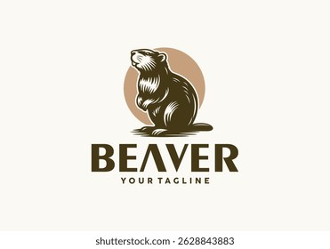 beaver standing logo vector illustration with ink drawing style