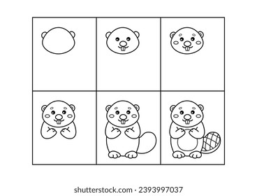 Beaver. Step by step drawing. Coloring page, coloring book page. Black and white vector illustration.