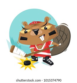 Beaver with a stick beats the puck. Vector