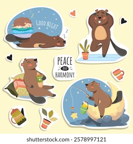 beaver stickers, cozy, rest, calm, harmony, relaxation, beaver drinking tea, beaver on the moon, beaver yogi, yoga class, yogi logo