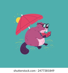 Beaver in sunglasses eats a juicy slice of watermelon and sits under a large red beach umbrella. Animal enjoys a beautiful summer day. Cute composition for cards. Vector cartoon illustration