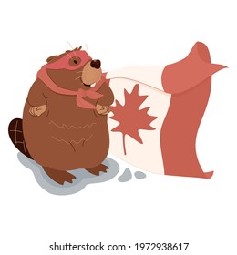 beaver - a superhero in a red mask stands in a proud pose. His superhero cloak in the colors of the Canadian flag flies in the wind.