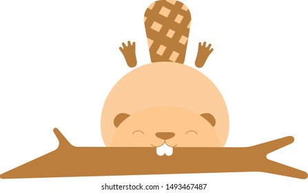 A beaver is swimming with a log in his teeth