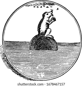 A beaver totem on top of a timber in the water. it is the representation of the Huron tribe of Native Americans, vintage line drawing or engraving illustration.