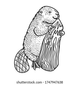 beaver and tree sketch engraving vector illustration. T-shirt apparel print design. Scratch board imitation. Black and white hand drawn image.