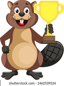 castor con trofeo, ilustración, vector sobre fondo blanco.