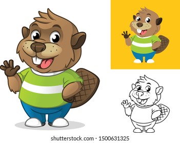 Beaver with Waving Hand Gesture Cartoon Character Mascot Illustration, Including Flat and Line Art Designs, Vector Illustration, in Isolated White Background.