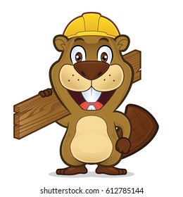 Beaver wearing a construction hat and holding a plank of wood