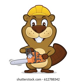 Beaver wearing a construction hat and holding a chainsaw