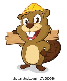 Beaver wearing a hard hat and holding a plank of wood