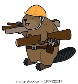 Beaver wearing a helmet carries logs on his shoulder