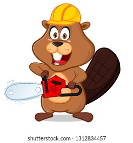 Beaver wearing helmet carrying chainsaw cartoon illustration, can be download in vector format for unlimited image size.