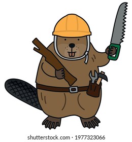 Beaver wearing a helmet holds a saw in his hand