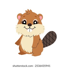 Beaver. Wild shorthaired animal. Flat kids illustration of animal on white background.