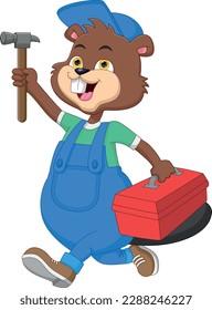 beaver worker cartoon holding hammer and toolbox