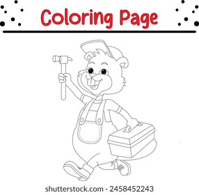 beaver worker holding hammer toolbox coloring book page for kids and adults