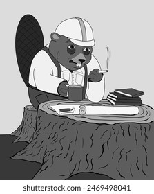 A beaver worker is sitting with a cigarette and a cup in his paws, drawings and books are lying in front of him. He has a tired expression on his face and bags under his eyes, he's had a hard week