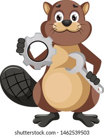 Beaver with wrench, illustration, vector on white background.