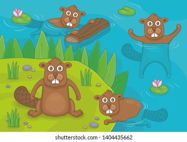 Beavers living by the pond. Funny cartoon and vector illustration
