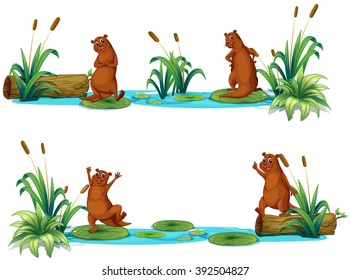 Beavers living by the pond illustration