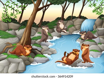 Beavers living by the river illustration