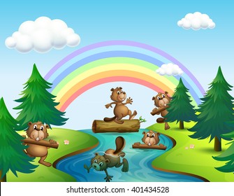 Beavers and logs by the river illustration